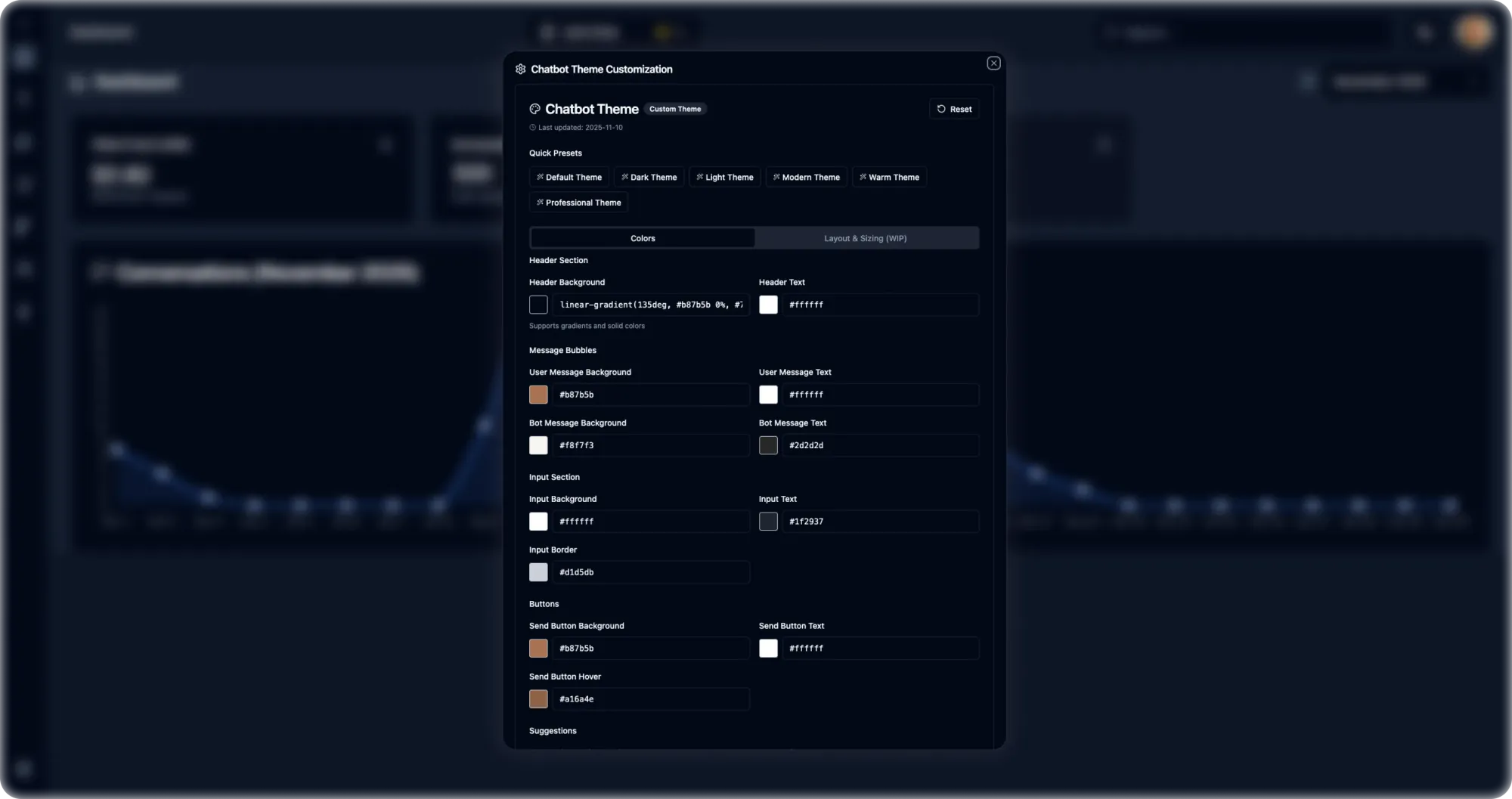 WAI Systems' dashboard showing user's customization settings for the AI assistant